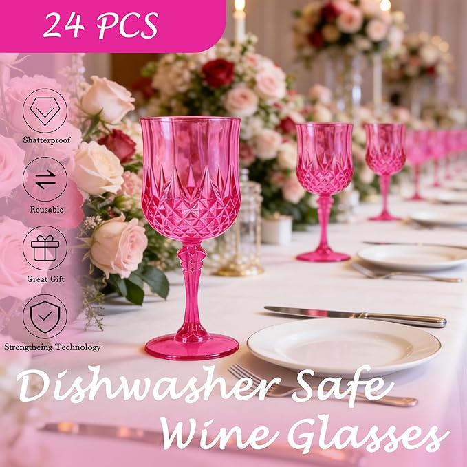 Plastic Wine Glasses, Plastic Goblets Vintage Style Cordial Unbreakable Drinking Glasses, Reusable Drinkware for Wedding Reception, Grand Event Party Supplies, Mother's Day (24, Hot Pink)