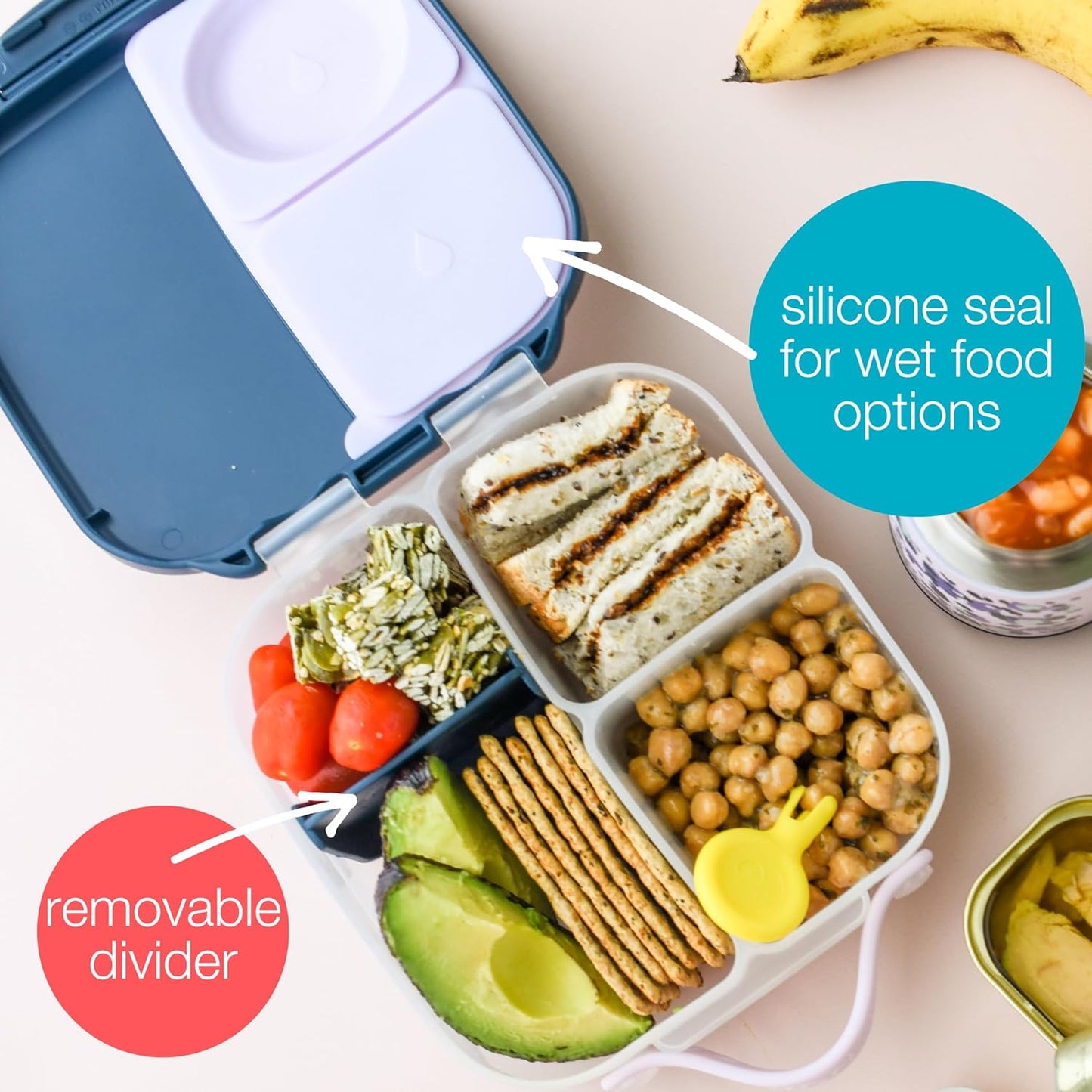 b.box Mini Lunch Box, Bento Box for Kids, Snack Container with 2 Leak Proof Compartments, Reusable Snack Containers with Lids, Kids Lunch Boxes Ages 3+, BPA Free, 4 1/4 Cup Capacity (Lemon Sherbet)
