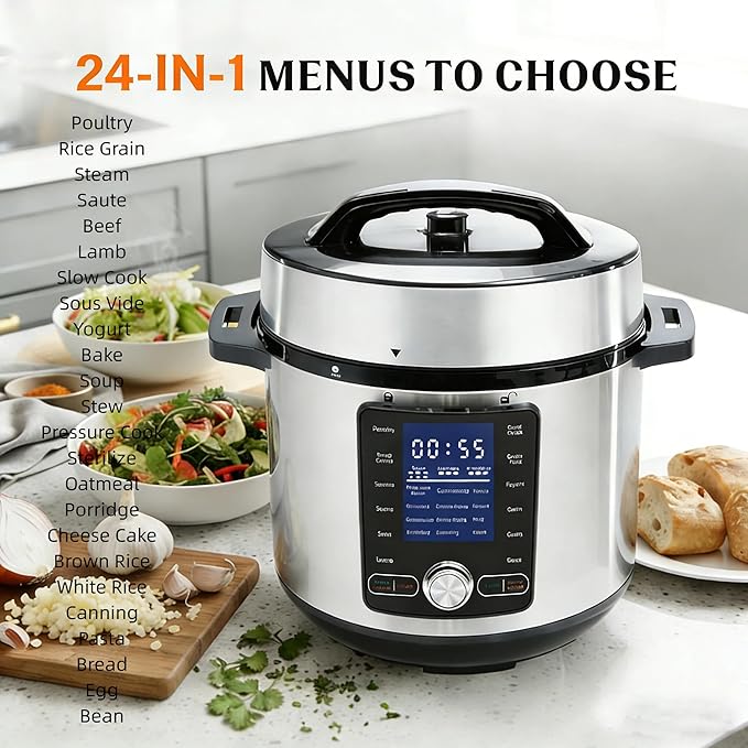 HealSmart 24-in-1 Electric Pressure Cooker 6.3 Quart, Non-Stick Stainless Steel Multi Cooker for Slow Cooking, Yogurt Maker, Steam, Rice, Bake, Dishwasher Safe, Silver