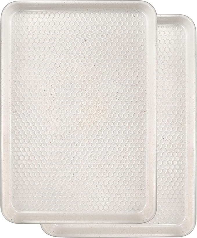 Wildone Baking Sheet Pan Set, Honeycomb Embossed Nonstick Baking Sheet 15x10 In, Thicker Carbon Steel Cookie Sheet, Even Heating Jelly Roll Pan, White, 2 Pack