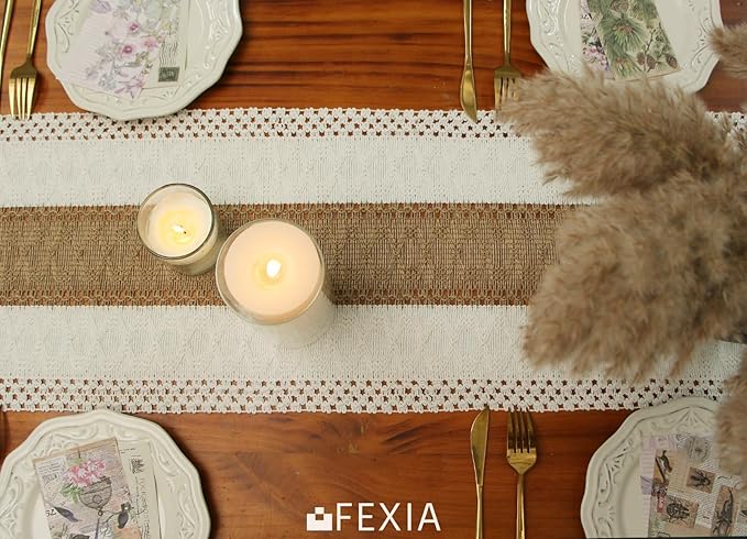 FEXIA Boho Table Runner 48 Inches Long with Tassels Christmas Thanksgiving Farmhouse Home Decor Rustic Cream & Brown Macrame Table Runner for Dining Bedroom Baby Bridal Shower Decor(12x48 Inches)