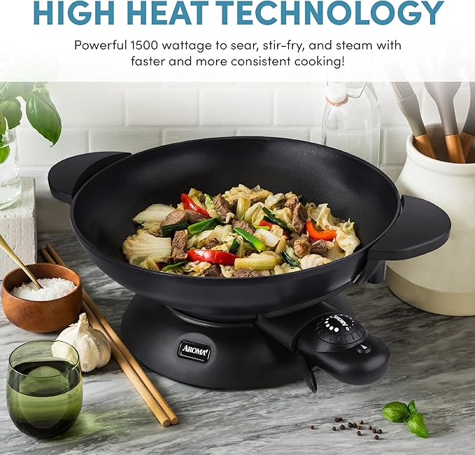 Aroma Housewares AEW-306 Electric Wok with Tempered Glass Lid Easy Clean Nonstick, Cooking Chopsticks, Tempura and Steaming Racks, Professional Model, Black