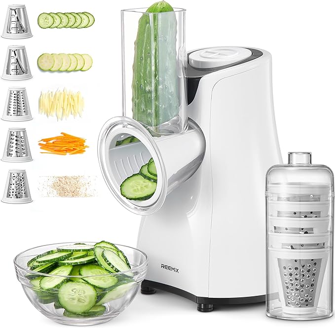 Electric Cheese Grater, Reemix 5 Multi Blade Cheese Shredder Salad Maker, One Touch Easy Control, Multi Salad Maker for Vegetables, Cheeses and Nuts, White
