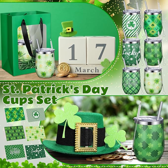 Patelai 30 Pcs Spring Picnic Party Favor Set Reusable Stainless Steel Tumblers with Lid Straw for Outdoor Camping 12oz Shamrock Cups for Wedding, Baby Shower Party Supplies, Employees (Green Clover)