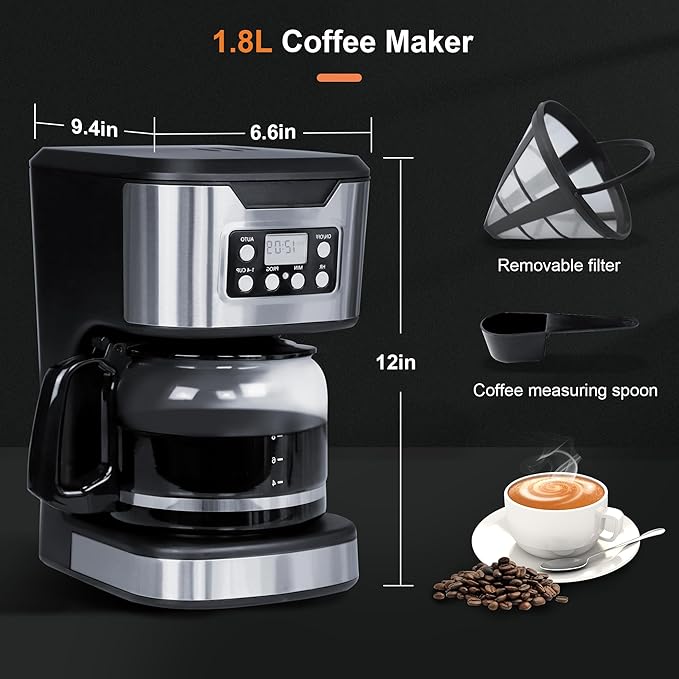 Programmable Coffee Maker 12 Cup Brew & Drip coffee machine, Fully Automatic, 1-4 Cup Setting, Stainless Steel,Keep- Warm Function, Household, Home and Office,Black
