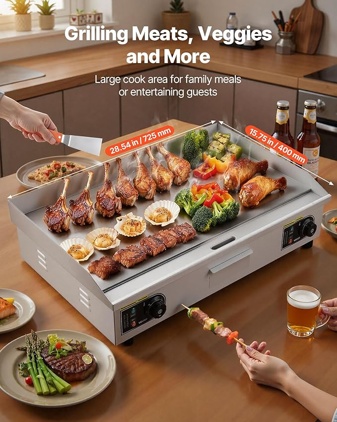 VEVOR Commercial Electric Griddle, 28.54 x 15.75 in, 2800W, 122-570°F Adjustable Temp Control, Stainless Steel Countertop Flat Top Grill with 2 Spatulas, 2 Brushes, and 4 Foot Pads, for Steak