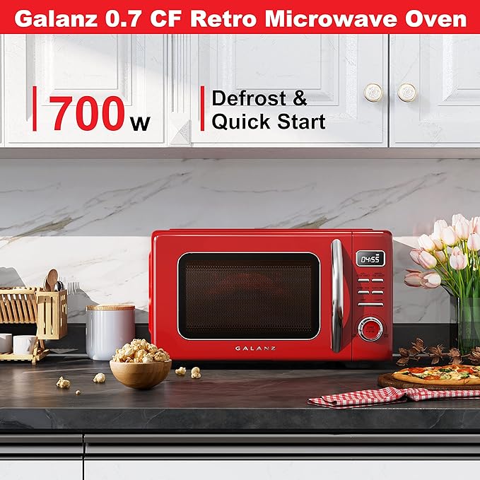 Galanz GLCMKZ07RDR07 Retro Countertop Microwave Oven with Auto Cook & Reheat, Defrost, Quick Start Functions, Easy Clean with Glass Turntable, Pull Handle.7 cu ft, Red