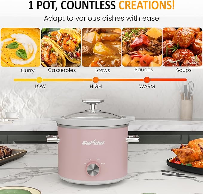 Sunvivi 2 Quart Slow Cooker, Small Slow Cooker with Removable Ceramic Pot, Food Warmer with 3 Heating Settings & Dishwasher Safe Glass Lid, Pink
