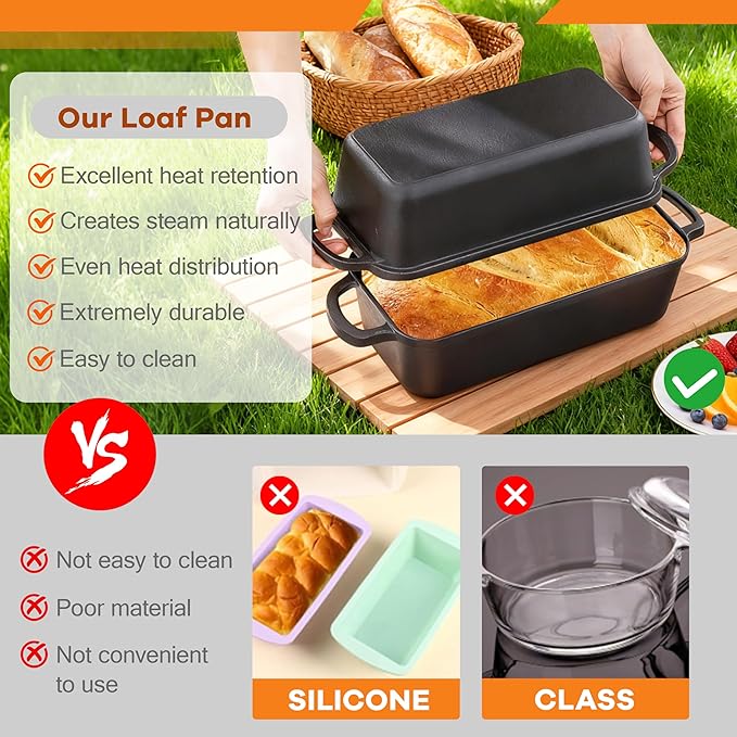 11x5 Inch Cast Iron Loaf Pan, 5.8 Qt Large Dutch Oven Loaf Pan with Lid, Sourdough Bread Baking Pan for Homemade Bread|Meatloaf, Even Heat Distribution & Oven Safe up to 500°F