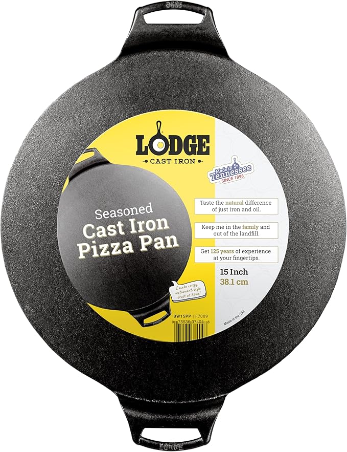 Lodge Seasoned Cast Iron Pizza Pan 15 Inch - Pre-Seasoned, Round Pizza Pan with Dual Assist Handles - Even Heat Distribution- PFAS-Free, Non-Toxic Cookware - Oven Safe