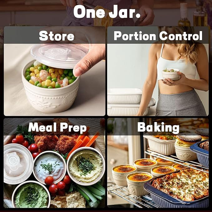 Artena Ramekins with Lids, Creme Brulee Ramekins Oven Safe, Ceramic Pudding Cups, Souffle Cups, Custard Cups, Dipping Sauce Cups, Food Storage Containers with Lids, Set of 4 (Damask Floral, 8 oz)