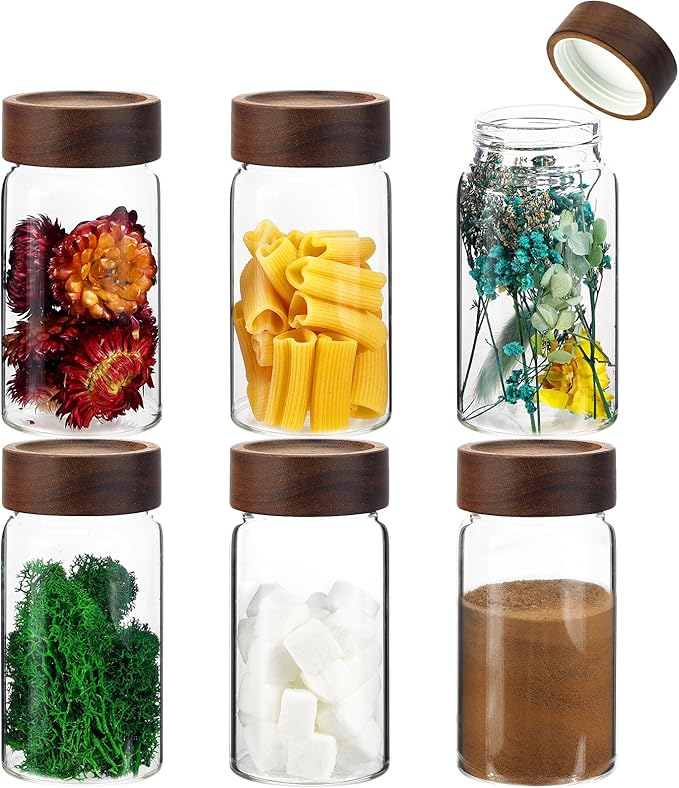 8oz Airtight Glass Jars Small Spice Storage Canister with Wooden Lid Clear Glass Food Container Canning Jar for Cookies Overnight Oats Yogurt Pantry Sugar Tea Coffee Bath Salts (6×250ml(8.4oz))