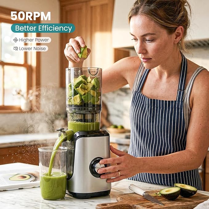 OLIXIS Cold Press Juicer, Masticating Juicer Machine with Reverse Function, Juice Extractor for Making Nut Milk, Easy Clean & Blade-Free, Silver