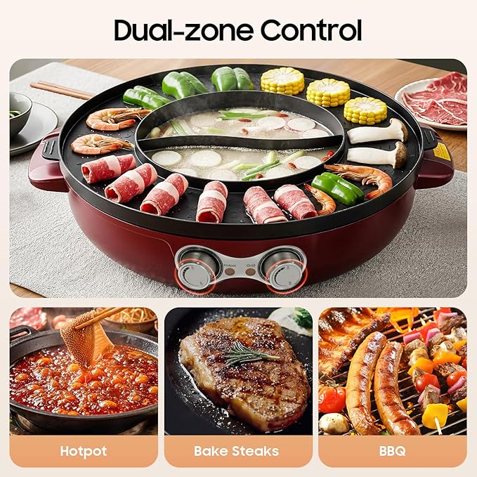 2 in 1 Hot Pot with Grill,Electric Smokeless Grill and Hot Pot BBQ Grill Soup Shabu Pot Household Electric Barbecue Plate Frying Cook Grill,2200W