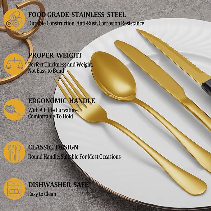 36 Pcs Gold Silverware Set with Steak Knives, Stainless Steel Flatware Cutlery Set Service for 6, Kitchen Tableware Sets, Utensil Sets for Home and Restaurant, Knives Forks Spoon, Dishwasher Safe