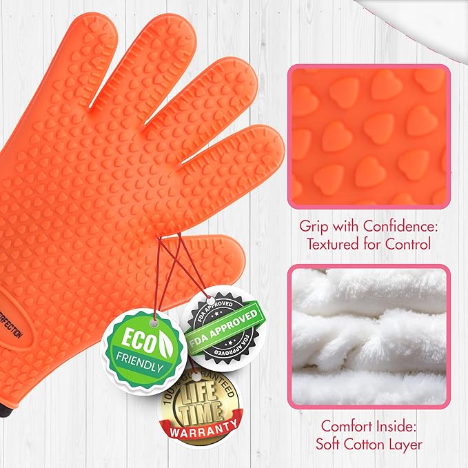 KITCHEN PERFECTION S Silicone Smoker Oven Gloves for Women -Extreme Heat Resistant BBQ Gloves -Handle Hot Food Right on Your Grill Fryer |Waterproof Oven Mitts for Cooking |Superior Set+3 Bonuses