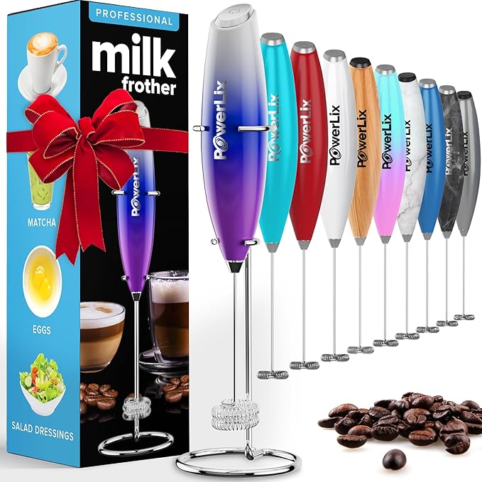 PowerLix Powerful Handheld Milk Frother With Stand Battery Operated Foam Maker Frother Wand For Coffee (Purple）