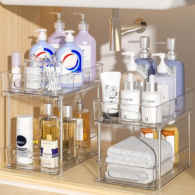 Delamu 2 Tier Snap-Lock Bathroom Under Sink Organizers and Storage, Multi-Purpose Cabinet Drawers with Movable Dividers, Pull Out Organization for Countertop, Kitchen and Pantry(Clear, 2 Pack)