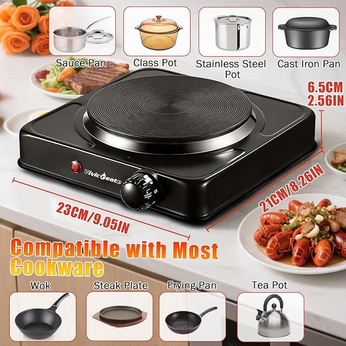 Vivicreate Electric Hot Plate, Portable Countertop Electric Cooktop, Adjustable Temperature Control, 110V Extra Burner for Apartment, Dorm, RV, Small Kitchen (Single Cast Iron Burner)
