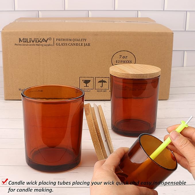 MILIVIXAY 12 Pack 7 OZ Amber Glass Candle Jars with Lids and Candle Making Kits - Bulk Empty Candle Jars for Making Candles - Spice, Powder Containers.