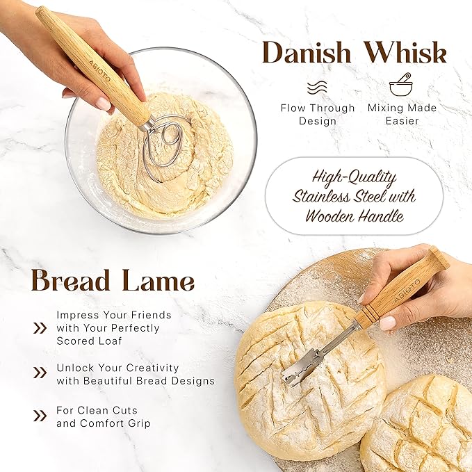 Sourdough Bread Baking Supplies and Starter Kit - Ultimate Bread Making and Sourdough Starter Kit with Proofing Baskets, Sourdough Jar, Bread Lame, Scrapers and Danish Whisk