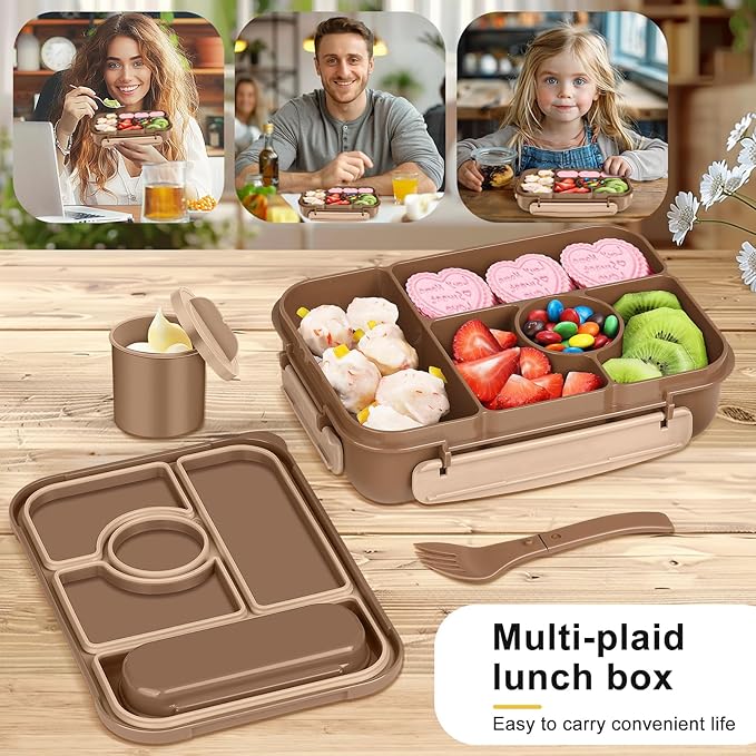 Amathley Bento Box Adult Lunch Box Kids,Lunch Containers for Adults/Kids/Toddler,5 Compartments Bento Lunch Box with Sauce Vontainers,Microwave & Dishwasher & Freezer Safe,BPA-Free (Brown)