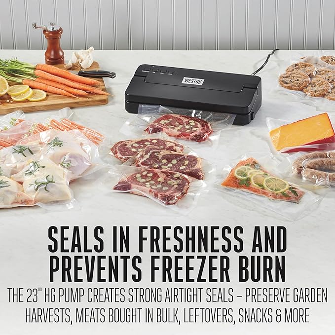 Weston Compact Food Vacuum Sealer Machine, Powerful 23” Hg Pump, For bags Up To 11” Wide, 100 Watts, Corner Guides for Easy Align, Intuitive Controls + Pulse Function, Black (65-2061-W)