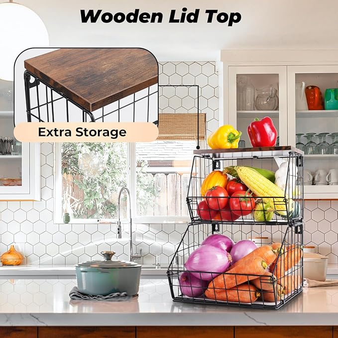 Wawocs 2 Tier Stackable Wall Mounted Hanging Basket, Fruit Basket for Kitchen Counter, Storage Bin with Wood Lid, Onion Storage, Fruit and Vegetable Storage, Countertop Organizer
