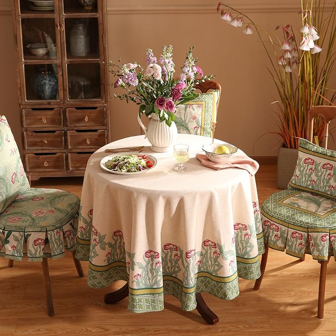 patdrea Designer Green Tablecloth for Round Table,Vintage Linen Leaves Pattern Table Cloth,Floral Cover Fall Decor for Kitchen Dining Christmas,Thanksgiving,Diameter 67"-Cecilia D