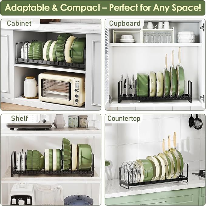 MUDEELA Pot Rack Pan Organizer inside Cabinet - Expandable Pot Lid Organizer for Cabinet with 12 Adjustable Dividers, Cutting Board Organizer Holder Baking Rack Kitchen Cabinet Storage Organization