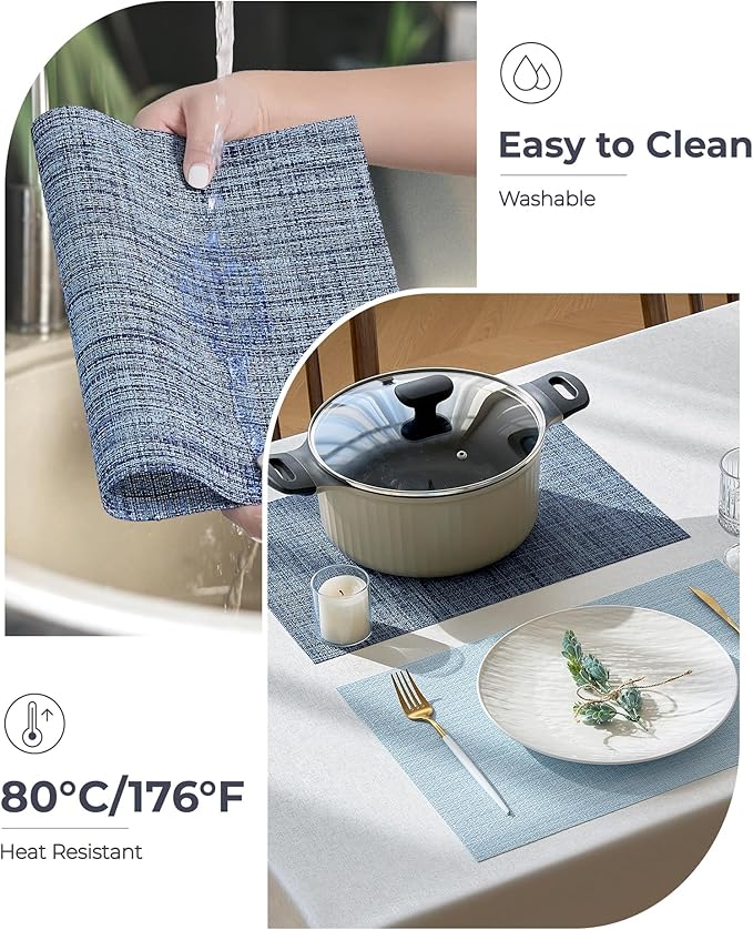 Leetaltree Deep Navy Woven Placemats Set of 8 - Heat Resistant Non-Slip Place mats for Dining Table, Washable Durable PVC Vinyl Woven Table Mats(Deep Navy, 8)