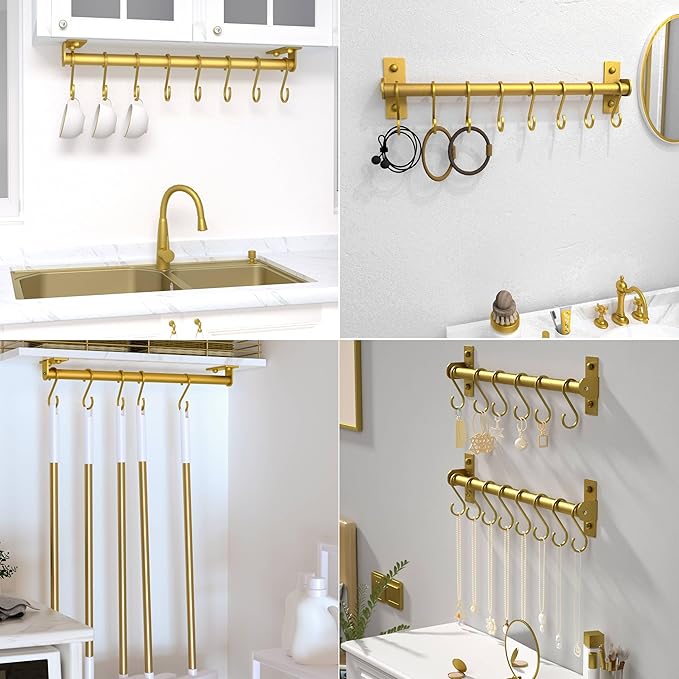 Dseap Kitchen Utensil Holder Hanger, Pot and Pan Rack Wall Mounted, Kitchen Rail with 8 Hooks for Hanging Cooking Utensils, Mugs, Spoons, Wall Mounted, Gold, Pack of 2