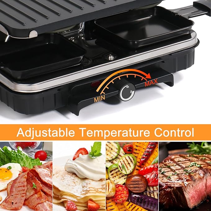 Raclette Table Grill, Indoor Grill Korean BBQ Grill Electric Griddle, 2 in 1 Electric Griddle Nonstick with 8 Raclette Cheese Pans Adjustable Temperature Control 1300W Ideal for Family Party Fun