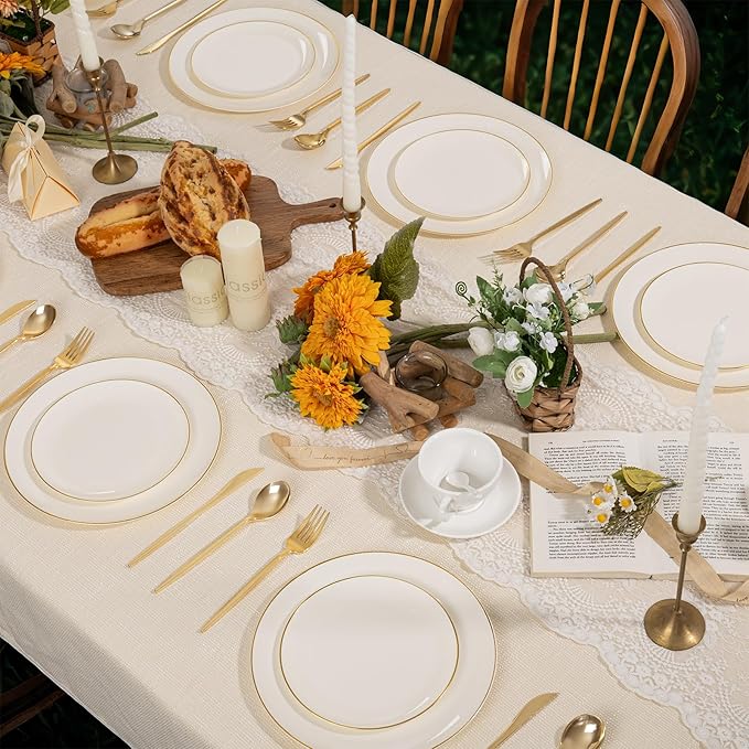 PULOTE 60 PCS Ivory Plastic Plates - Cream Plastic Disposable Include 30 Dinner and 30 Dessert Plates with Gold Rim - Ideal for Party & Wedding