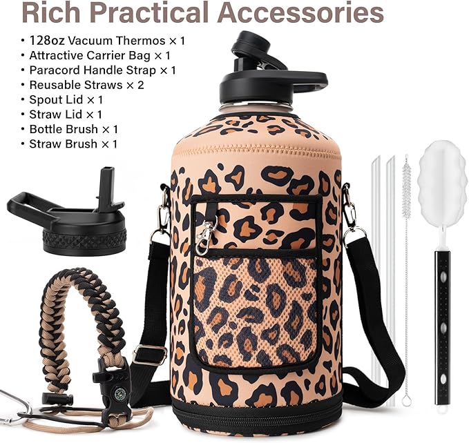 DYSANKY 1 Gallon Water Bottle Insulated | Thickened Stainless Steel Vacuum Metal Water Jug | Portable Sports Large for Gym and Hiking with Straw, Carrier Bag, Handle Strap | BPA-Free 128 oz