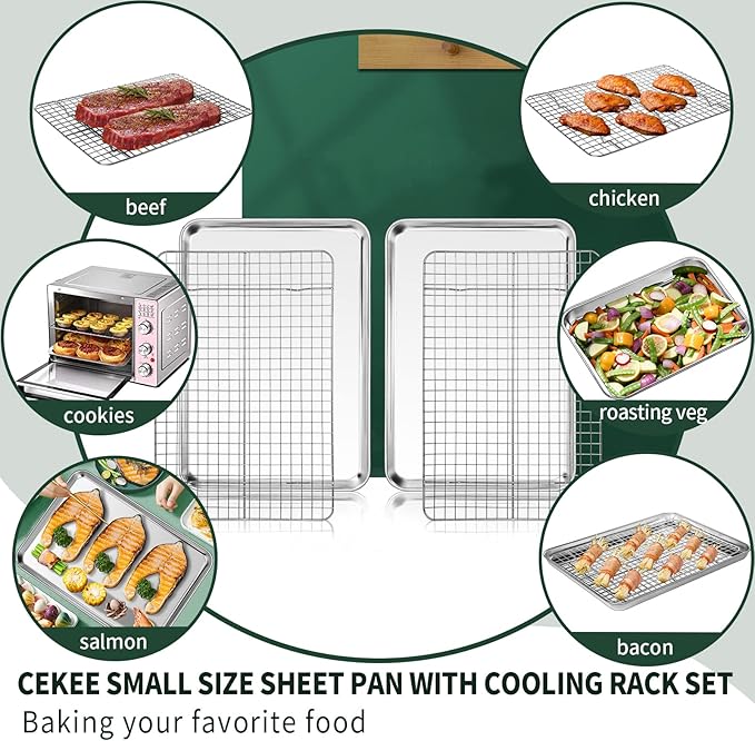 Small Baking Sheet with Rack Set [2 Cookie Sheets + 2 Baking Racks], CEKEE Stainless Steel Small Baking Pan and Grill Rack - Rust & Warp Resistant & Nonstick, Size 9.33 x 6.96 x 1 Inch