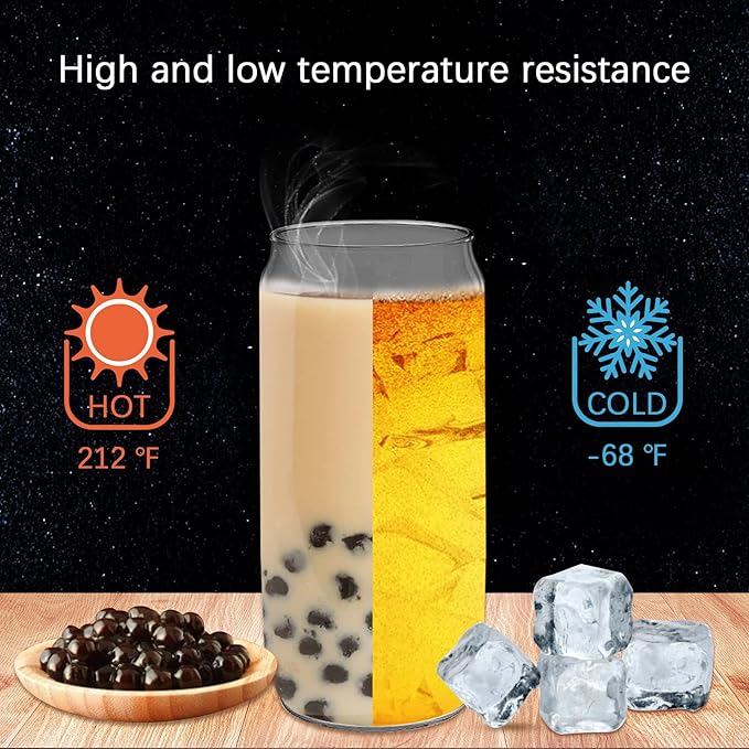 PeacePeo Glass Cups with Lids and Straws 20 Pcs 16 oz Ice Coffee Cup Skinny and Long Can Beer Cups Set Drinking Glasses with Bamboo Lids Reusable Glass Cups Ideal for Smoothies & Beverages