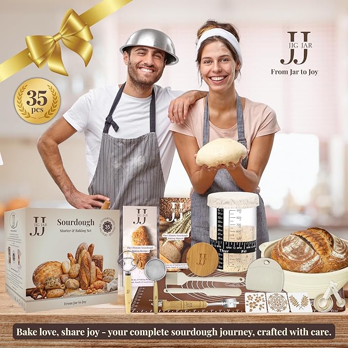 35-Piece Sourdough Baking Kit – Artisan Bread Baking Set for Beginners & Home Bakers, Includes Glass Starter Jar, Proofing Basket, Bread Lame & Tools