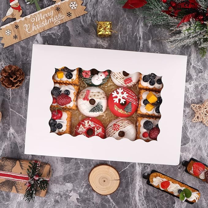 Moretoes 40pcs Cookie Boxes, 14x10x2.5 Inch Auto-Popup Bakery Boxes with Window, for Donuts, Pies, Cakes, Muffins, and Pastries