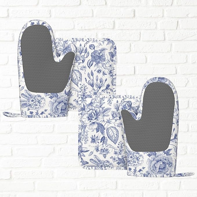 Vintage Flower Blue and White Leaves Oven Mitts and Pot Holders Sets of 4, Heat Resistant Silicone Oven Mittens and Potholders Gloves Hot Pads for Kitchen Cooking Baking Grilling BBQ Chef