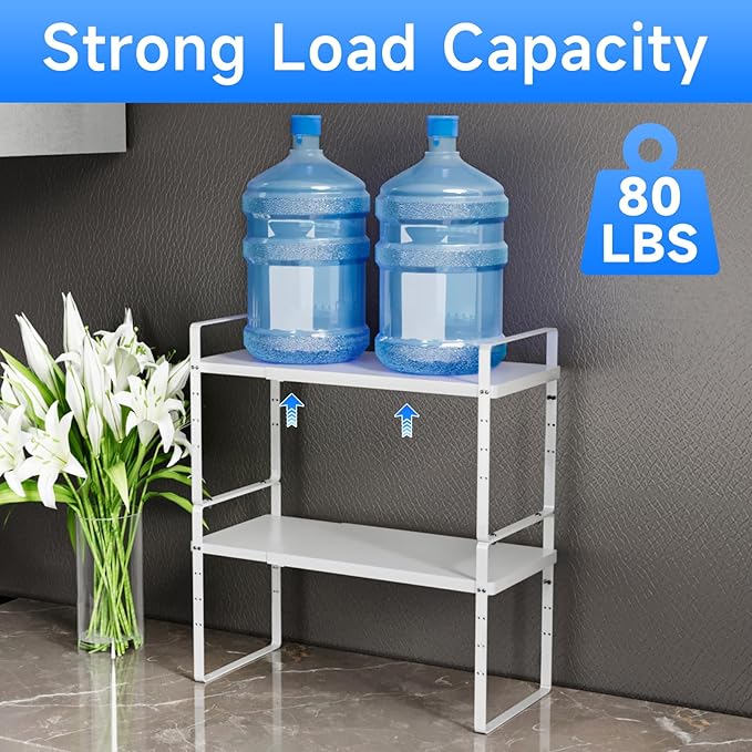 Expandable Cabinet Shelf Organizer, Stackable Kitchen Pantry Counter Storage, Adjustable Closet Cupboard Stand Rack Risers Spice Organization 80LBS Heavy Duty White Large 2 Pack