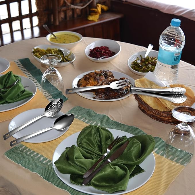 6 PCS Stainless Steel Serving Utensils, 10 Inch Serving Spoons for Buffet Large Hosting Metal Spoons, Silverware Set Tongs for Serving Food Parties Catering