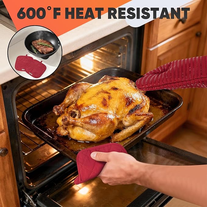Oven Mitts Kitchen Towels and Dishcloths with Pot Holders Sets, Oven Gloves Hot Pads 500°F Heat Resistant with Silicone Grip, Include 2 Cooking Gloves/2 Potholders/4 Kitchen Towels/4 Dish Towels-Red