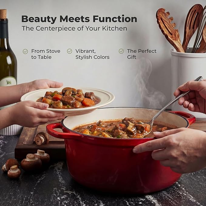 Zulay Kitchen 7.7 Quart Enameled Cast Iron Dutch Oven Pot with Lid – Premium Durability & Oven Safe up to 500°F – Heavy Duty Cookware Perfect for Bread Baking, Stews, Braising & Roasting – Ablaze Red