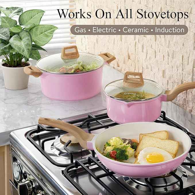 CAROTE Ceramic Cookware Set, 14 PCS Pots and Pans Set Non Stick, Pot and Pan Set with Frying pan, Induction Ready Cooking Set for Kitchen, PFOS/PFOA/PFAS Free, Pink