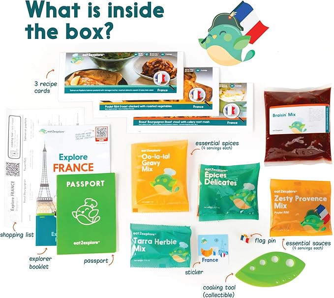 eat2explore Cooking Kits for Kids 14 Pcs – Interactive & Educational Kids Cooking Sets Real for Ages 5 and Up,3 Recipe Cards & Global Ingredients – Fun for Young Chefs (France Edition)