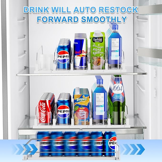 Dayacoco Drink Organizer for Fridge,5 Rows Fridge Soda Can Organizer,20oz 16oz 12oz-Self Pushing Soda Dispenser for Fridge,Adjustable Width-Holds up to 25 Cans,White