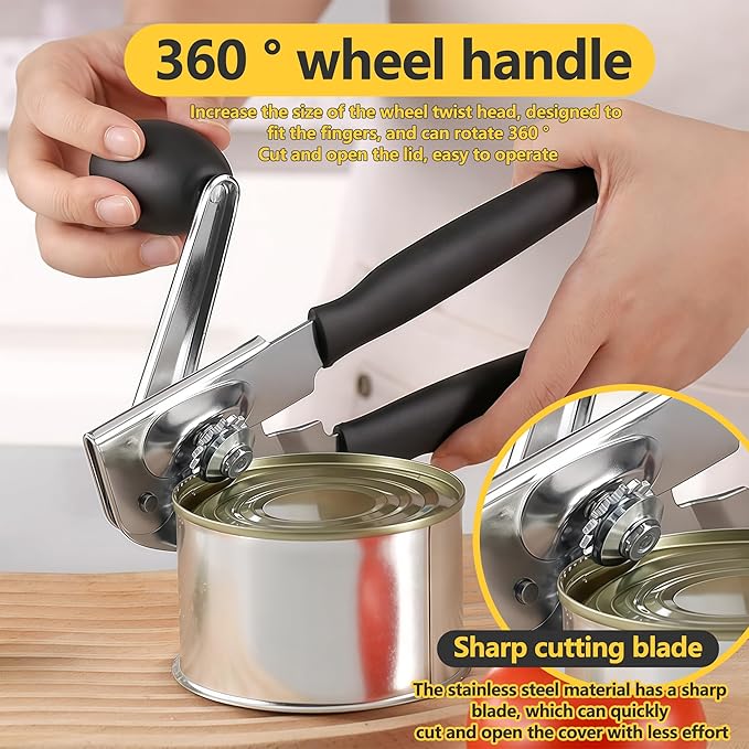 Commercial Heavy Duty Manual Can Opener for Seniors & Arthritis, Stainless Steel with Magnetic Lid Lifter, Smooth Edge Safe Cut, Open for Large Cans, Kitchen & Camping & Commercial with Bottle Opener