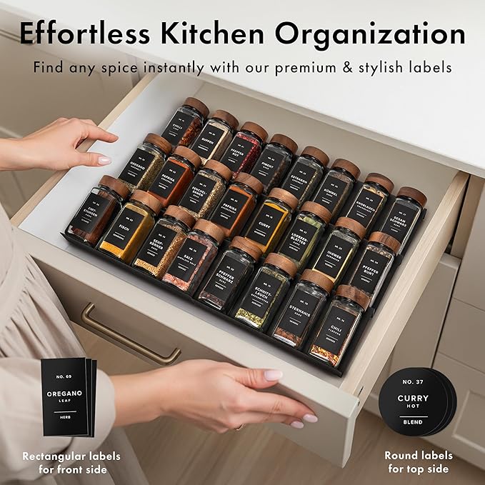 EDELHAUS® Square Spice Jars with Acacia Wooden Lid (Pack of 24) Spice Jars with Shaker Insert and 240 Labels - Acacia Lids Glass Container for Spice Organisation [4.3 in × 1.8 in]