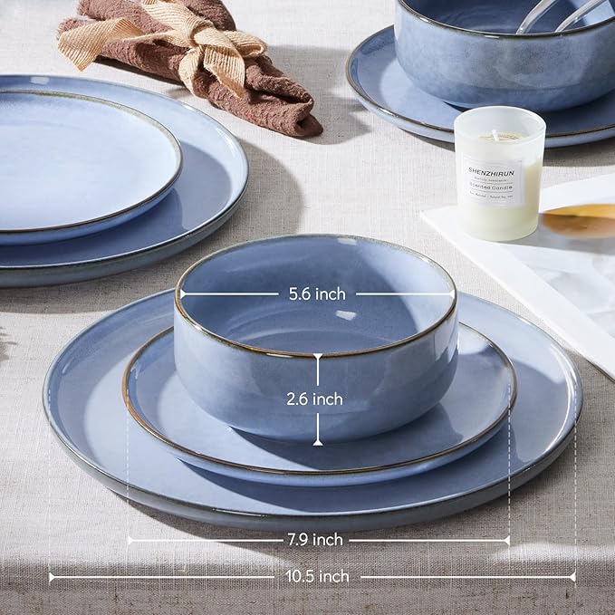 E-far 12-Piece Reactive Glaze Dinnerware Sets, Ceramic Dishes Set for 4, Stoneware Plates and Bowls Dinning Ware, Microwave & Dishwasher Safe - Ocean Blue